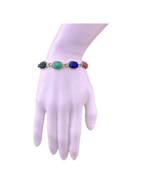 Vintage Molded Glass Gold Tone Multi-Color Scarab Bracelet Women’s